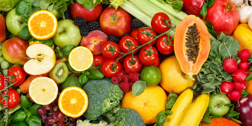 Fruits and vegetables collection food background banner apples oranges tomatoes fresh fruit vegetable