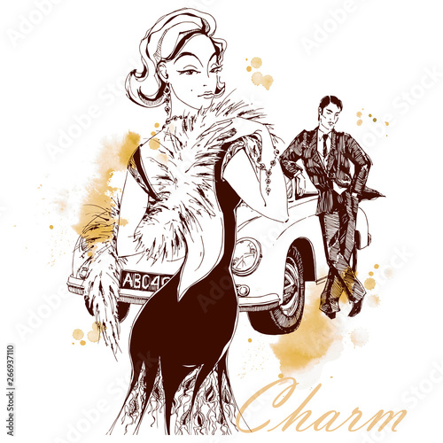 Elegant lady and gentleman in retro style. Car.  Graphics and watercolor spots. Vector.