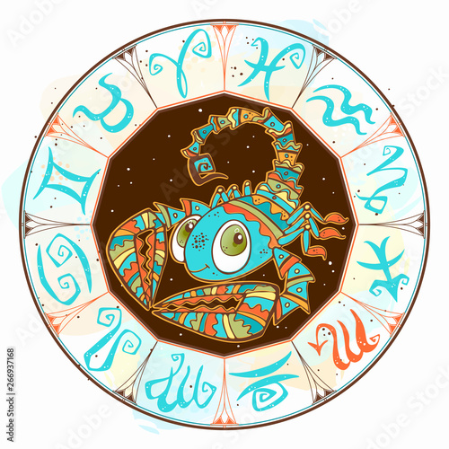 Children's horoscope icon. Zodiac for kids. Scorpio sign . Vector. Astrological symbol as cartoon character.