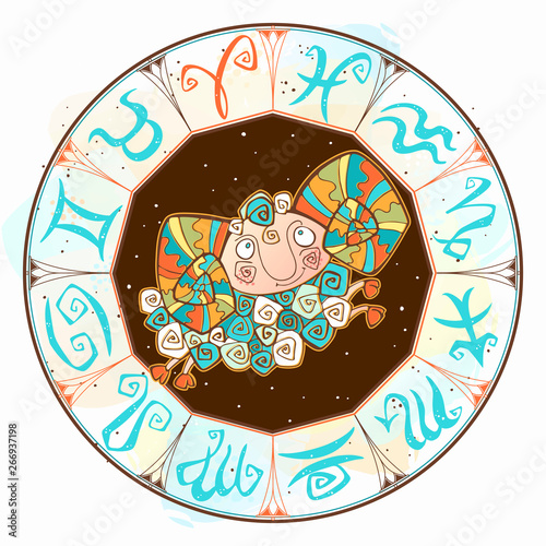 Children's horoscope icon. Zodiac for kids. Aries sign . Vector. Astrological symbol as cartoon character.