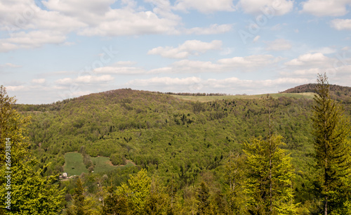 Hala Jaworowa on Kotarz hill from view tower on Stary Gron hill in spring Beskid Slaski mountains in Poland