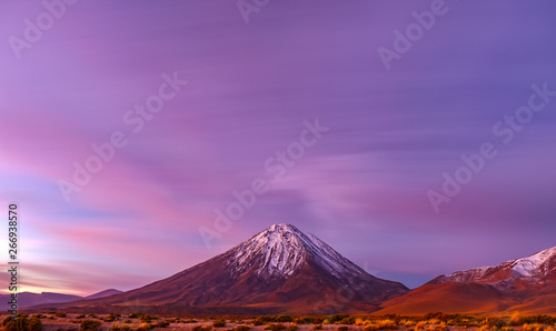 Sunset at Licancabur volcano long exposure in Atacama desert