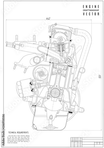 technical drawing engine, construction project or plan with vertical frame on the white background. stock vector illustration eps10