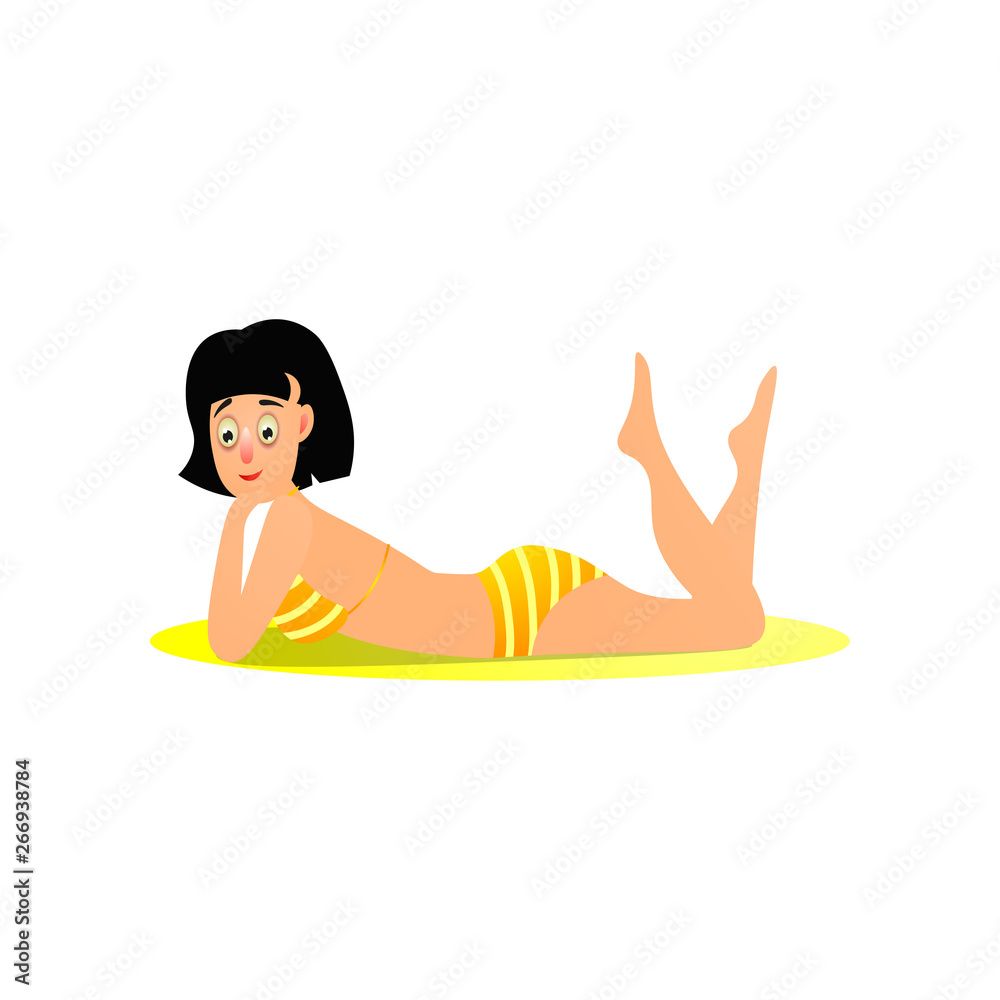 Cute brunette girl in yellow striped bikini swimsuit