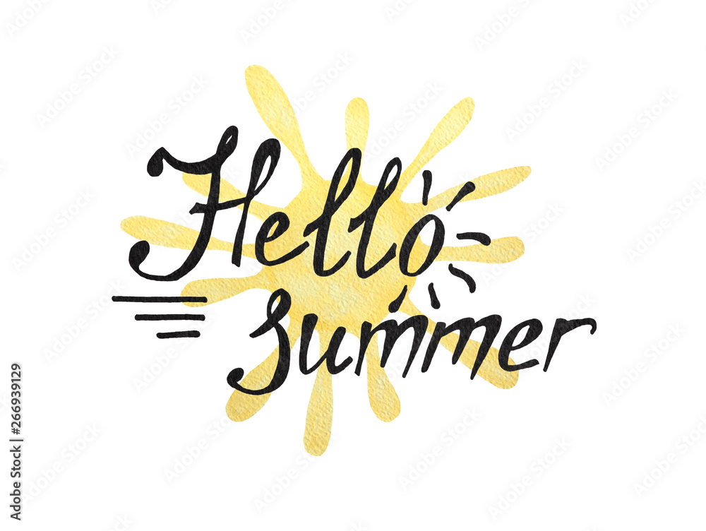 Hello summer - lettering with yellow sun, hand drawn isolated on white background Hello summer - lettering with yellow sun, hand drawn isolated on white background