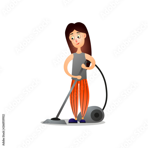 Young girl cleaning room using modern vacuum cleaner
