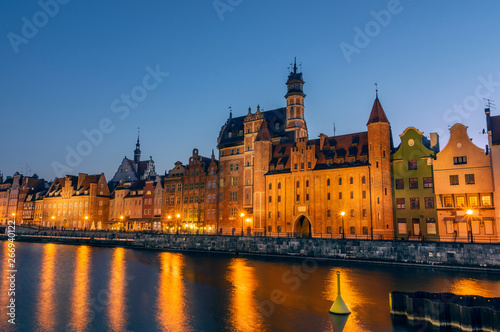 Old town of Gdansk on bank of Motlawa River at dusk