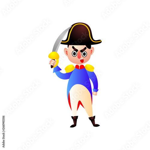 Cute napoleon character with hat and metal curve sword