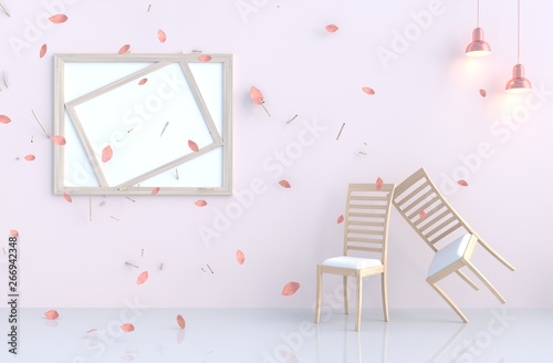 Pink-White room background decor with blow pink leaves, branch, lamp, chair. 3d render. For valentine day and love day.
