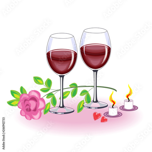 Beautiful crystal glasses with delicious red wine. Pink rose, candles and two red hearts. Romantic evening of lovers. Valentine s Day. Vector illustration