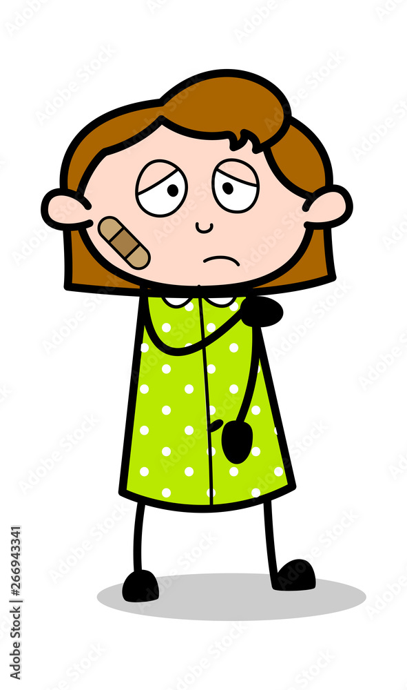 Bandage on Face - Retro Office Girl Employee Cartoon Vector Illustration﻿