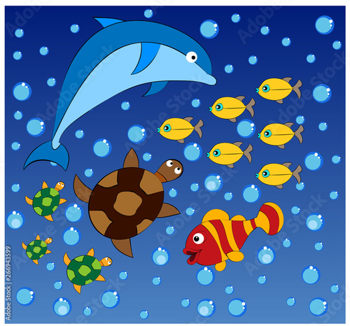 dolphin, turtles and fish are swimming happily with air bubbles in the sea