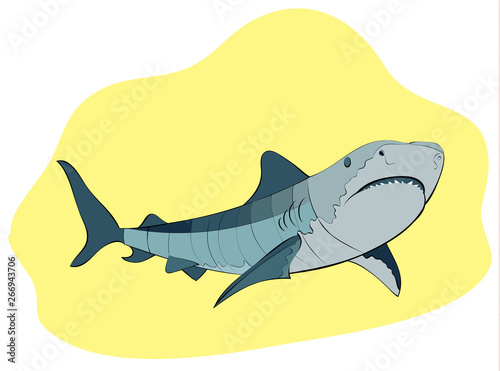 toothy shark swimming on yellow background, vector illustration