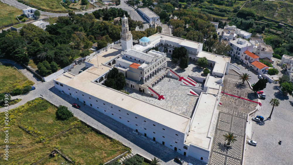 Aerial drone panoramic photo of iconic orthodox church of Lady of Tinos island or Church of Panagia Megalochari (Virgin Mary), Cyclades, Greece