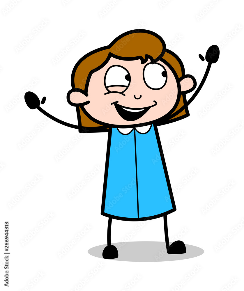 Joyful Raising Hands and Smiling - Retro Office Girl Employee Cartoon Vector Illustration Joyful Raising Hands and Smiling - Retro Office Girl Employee Cartoon Vector Illustration