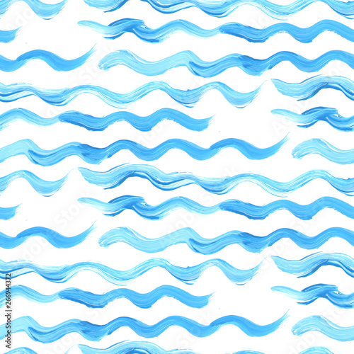 Blue paint brush strokes waves seamless pattern