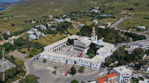 Aerial drone panoramic photo of iconic orthodox church of Lady of Tinos island or Church of Panagia Megalochari (Virgin Mary), Cyclades, Greece photo