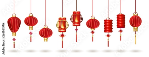 Set of hanging red Chinese lanterns isolated on white background