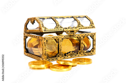 Treasure box with gold coin isolated on white background