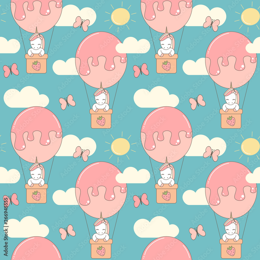 cute cartoon seamless vector pattern background illustration with unicorn flying with air balloon in the sky