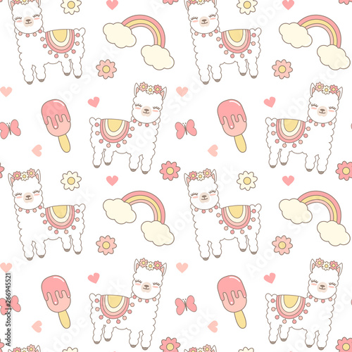 cute cartoon seamless vector pattern background illustration with lama alpaca, ice cream, rainbow, hearts, flowers and butterflies