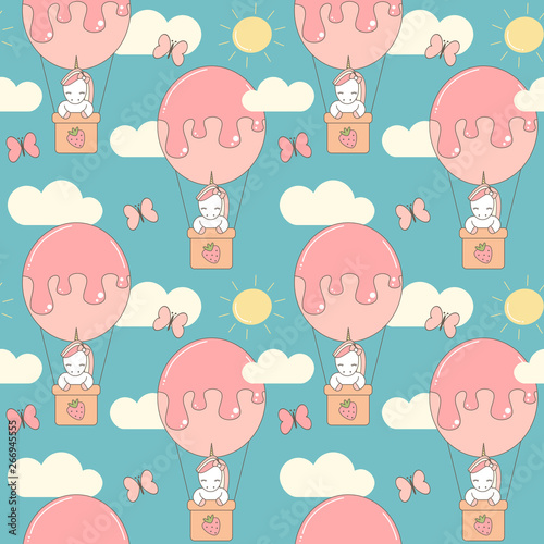 cute cartoon seamless vector pattern background illustration with unicorn flying with air balloon in the sky