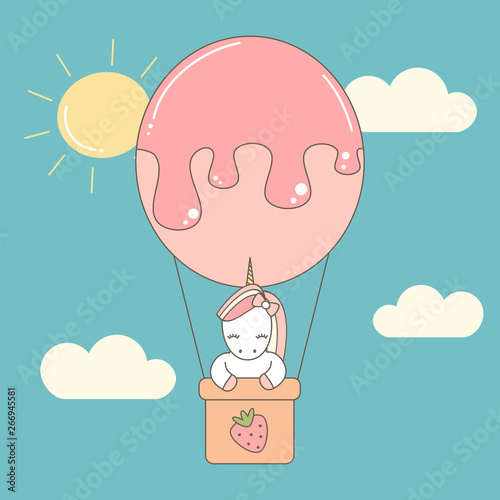 Dekoracja na wymiar  cute-cartoon-unicorn-flying-with-air-balloon-in-the-sky-vector-flat-illustration