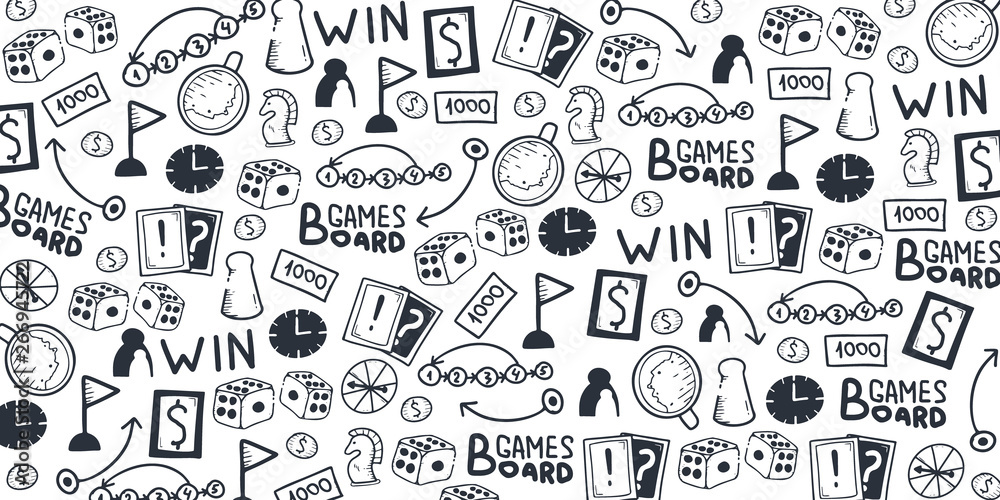 Board Games hand draw doodle background. Vector Illustration.