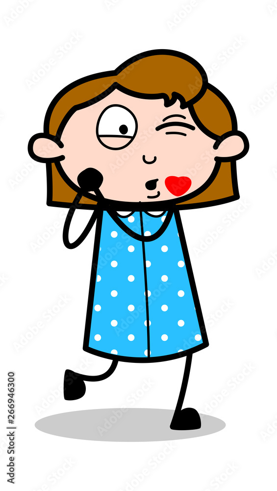 Blowing Kiss - Retro Office Girl Employee Cartoon Vector Illustration﻿