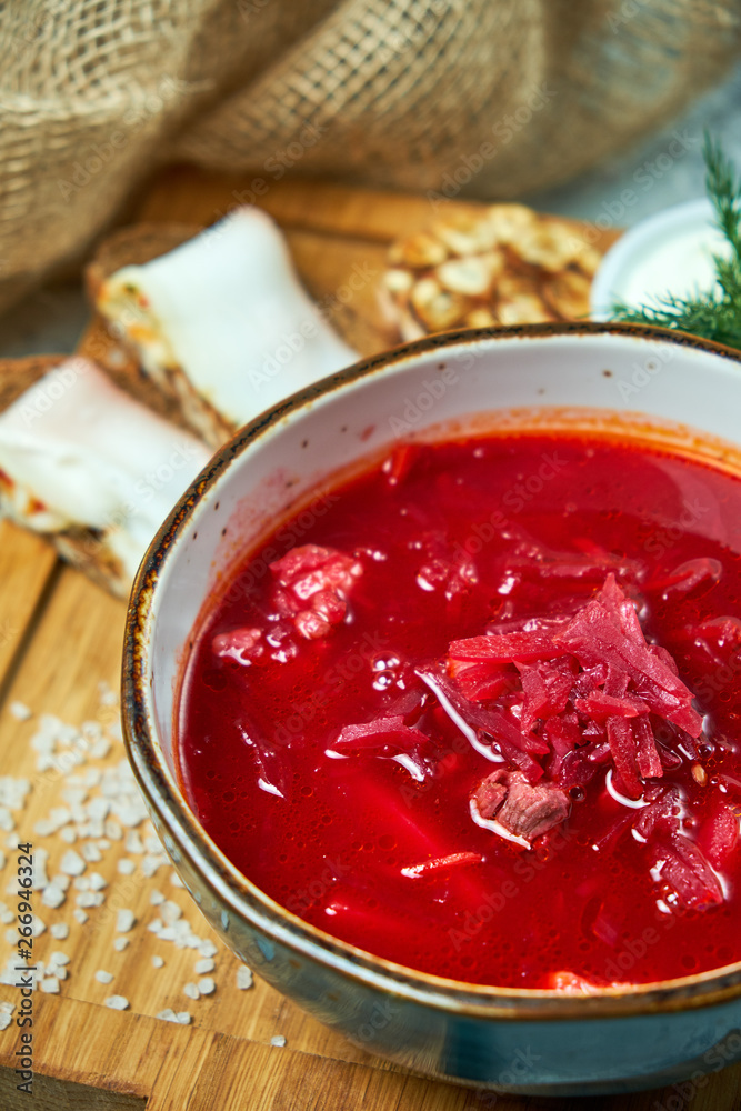 Red soup. Beautiful serving dishes. Restaurant menu Red soup. Beautiful serving dishes. Restaurant menu