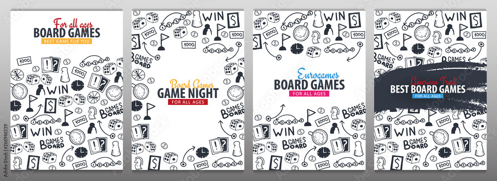 Set of Board Games banners. For all Ages. Hand draw doodle background. Vector illustration.