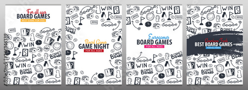Set of Board Games banners. For all Ages. Hand draw doodle background. Vector illustration. photo