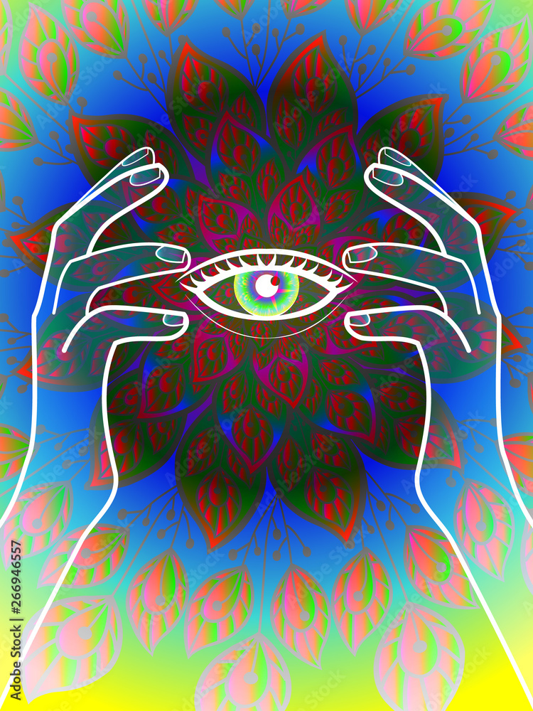 Obraz premium bright illustration with the image of hands on the background of floral ornament with all-seeing eye, magic plot