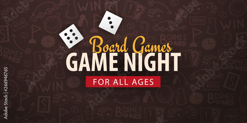Board Games banner with dices. Hand draw doodle background. Vector illustration.