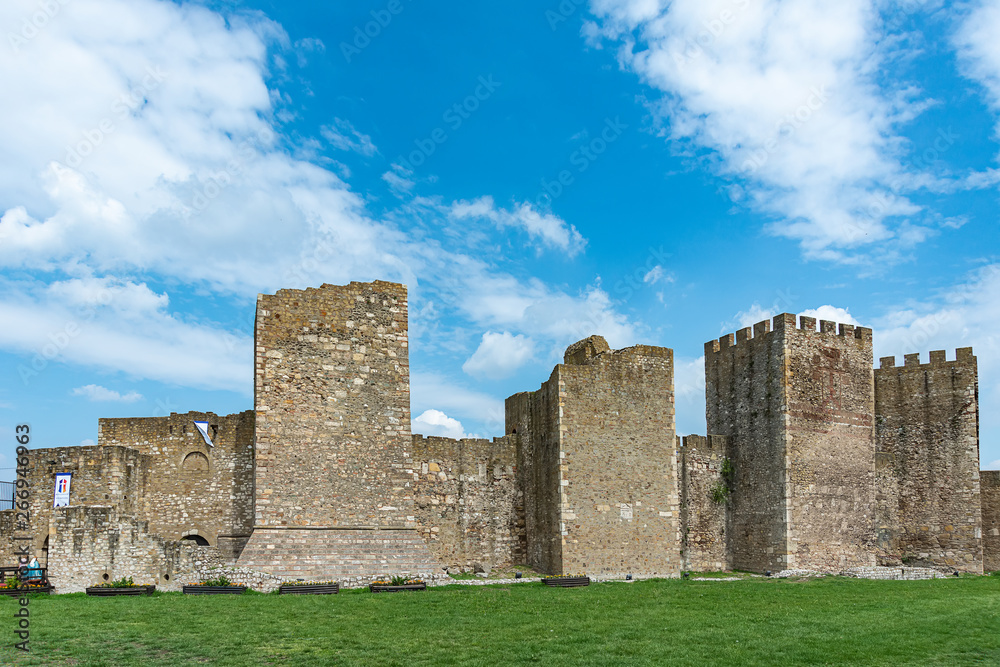 Smederevo, Serbia - May 02, 2019: The Smederevo Fortress is a medieval fortified city in Smederevo, Serbia. Smederevo fortress walls around the Small town.