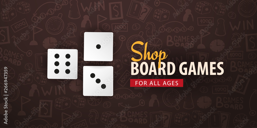 Board Games banner with dices. Hand draw doodle background. Vector illustration.