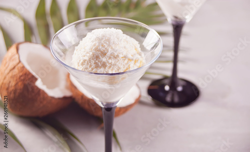 Coconut ice cream on the gray background with palm leaf and coconut