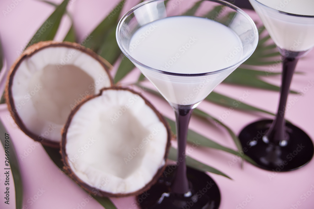 Pina Colada cocktail with palm leaf and coconut on the background Pina Colada cocktail with palm leaf and coconut on the background
