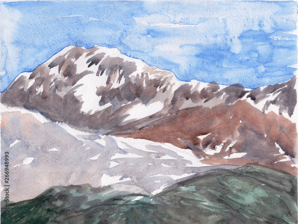 Mountains and hills. Watercolor landscape illustration. Hand drawn