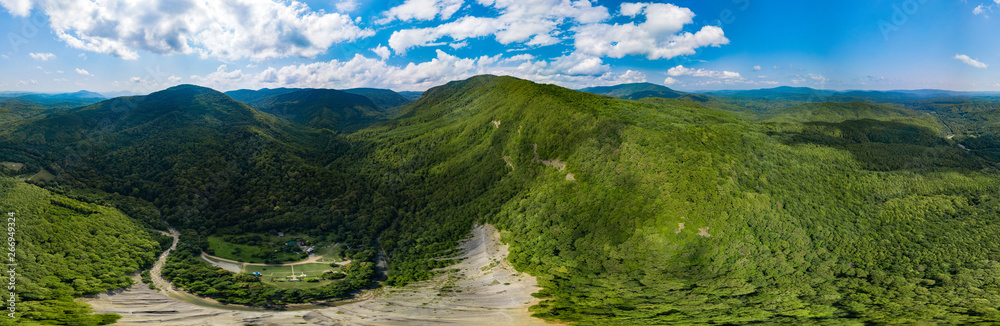 Idyllic panoramic landscape nature view of Caucasus mountains and Black Sea