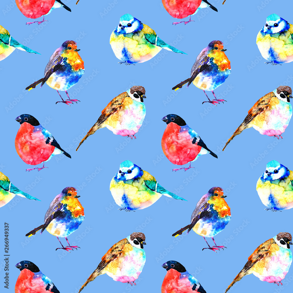 Seamless pattern birds. Hand drawn watercolor illustration. Robin bird, bullfinch bird, titmouse on blue background