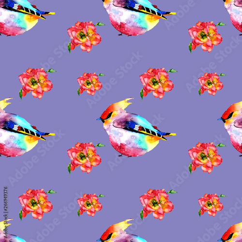 Seamless pattern birds. Hand drawn watercolor illustration. Waxwing and flower rose eustoma on purple background © Zinaida