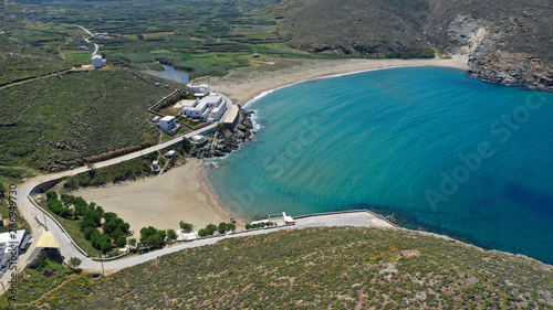 Aerial drone photo of famous beach of Kolympithres with deep turquoise sea, Tinos island, Cyclades, Greece photo