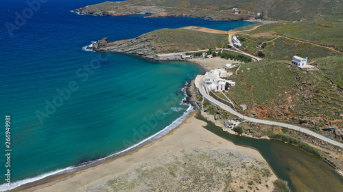 Fototapeta Naklejka Na Ścianę i Meble -  Aerial drone photo of famous beach of Kolympithres with deep turquoise sea, Tinos island, Cyclades, Greece
