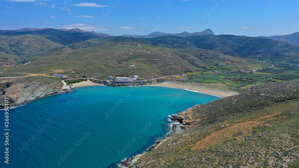Aerial drone photo of famous beach of Kolympithres with deep turquoise sea, Tinos island, Cyclades, Greece