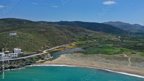 Aerial drone photo of famous beach of Kolympithres with deep turquoise sea, Tinos island, Cyclades, Greece