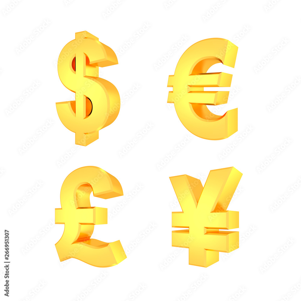 Currency symbols isolated on white. 3D redering. Currency symbols isolated on white. 3D redering.
