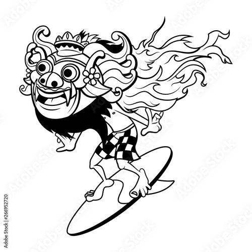 A Man Wearing Barong Bali Mask with sarong traditional clothes from Indonesia and Surfing the Beach Coloring Book Cartoon Vector