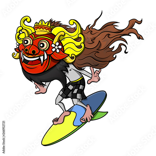 A Man Wearing Barong Bali Mask with sarong traditional clothes from Indonesia and Surfing the Beach Cartoon Vector