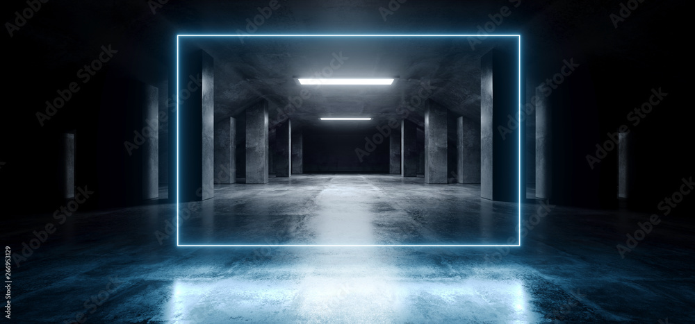 Fototapeta Rectangle Neon Laser Blue Glowing Sci Fi Modern Dark Concrete Cement Asphalt Futuristic Spaceship Underground Garage Tunnel Corridor Empty Space White Glow Glossy Columns 3D Rendering
